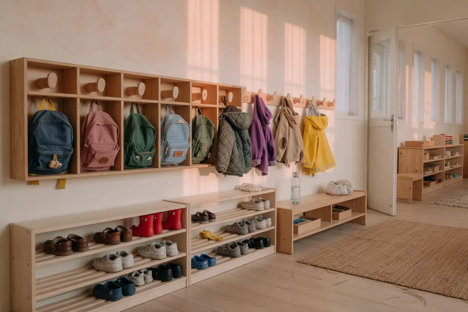 Prepared arrival area with child-sized storage