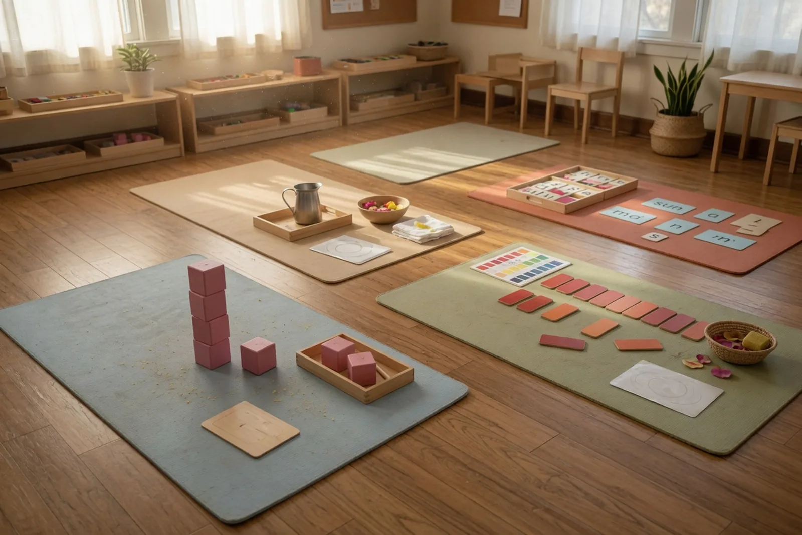 Montessori work mats arranged during the morning work cycle