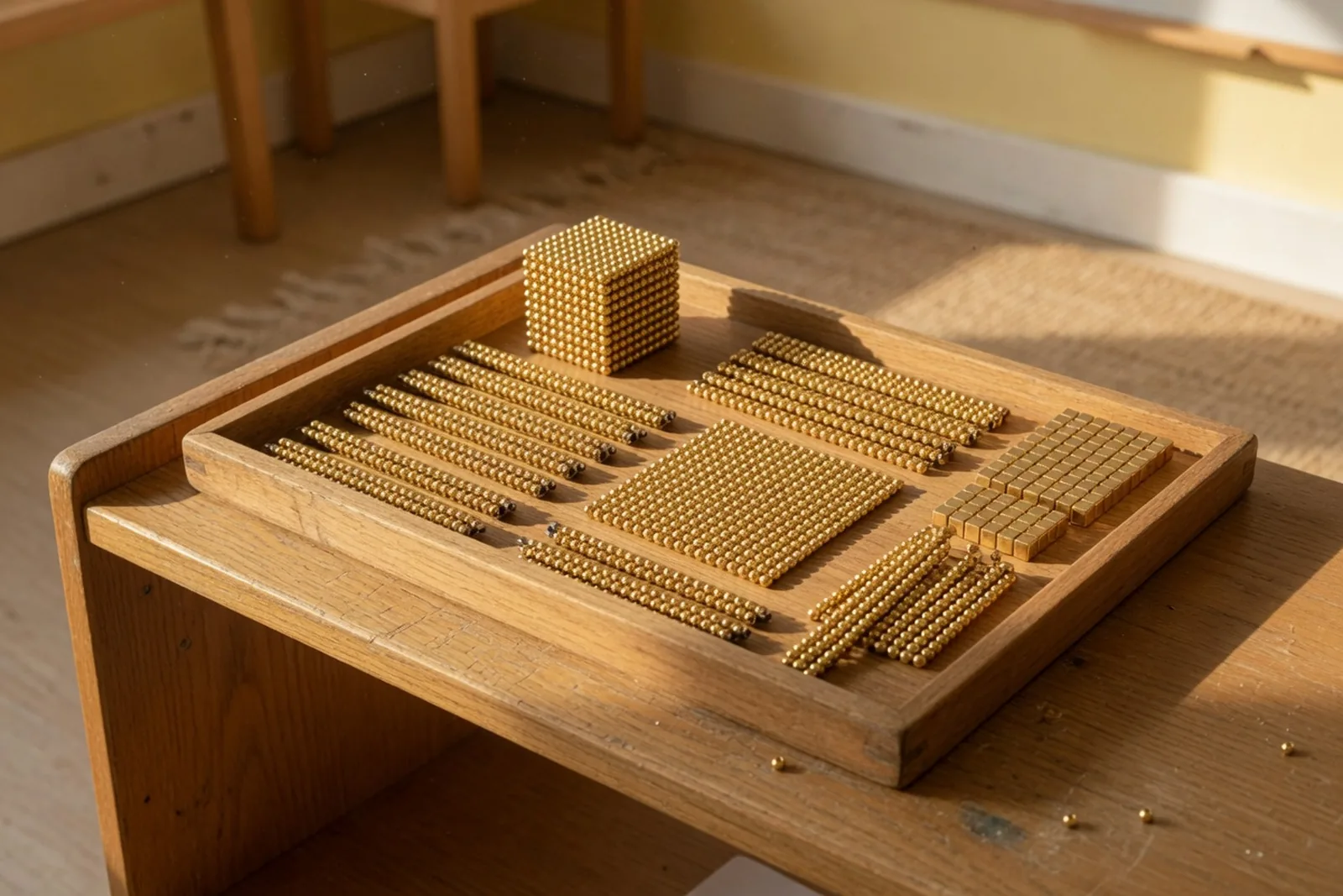 Golden bead mathematics material ready for a lesson