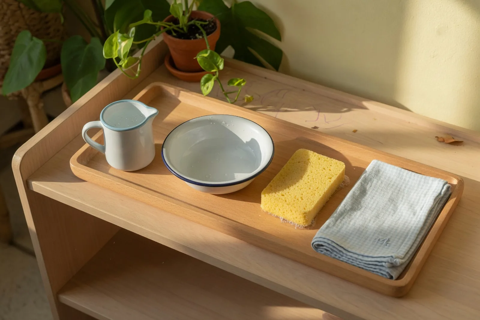 Practical life pouring work arranged on a Montessori shelf